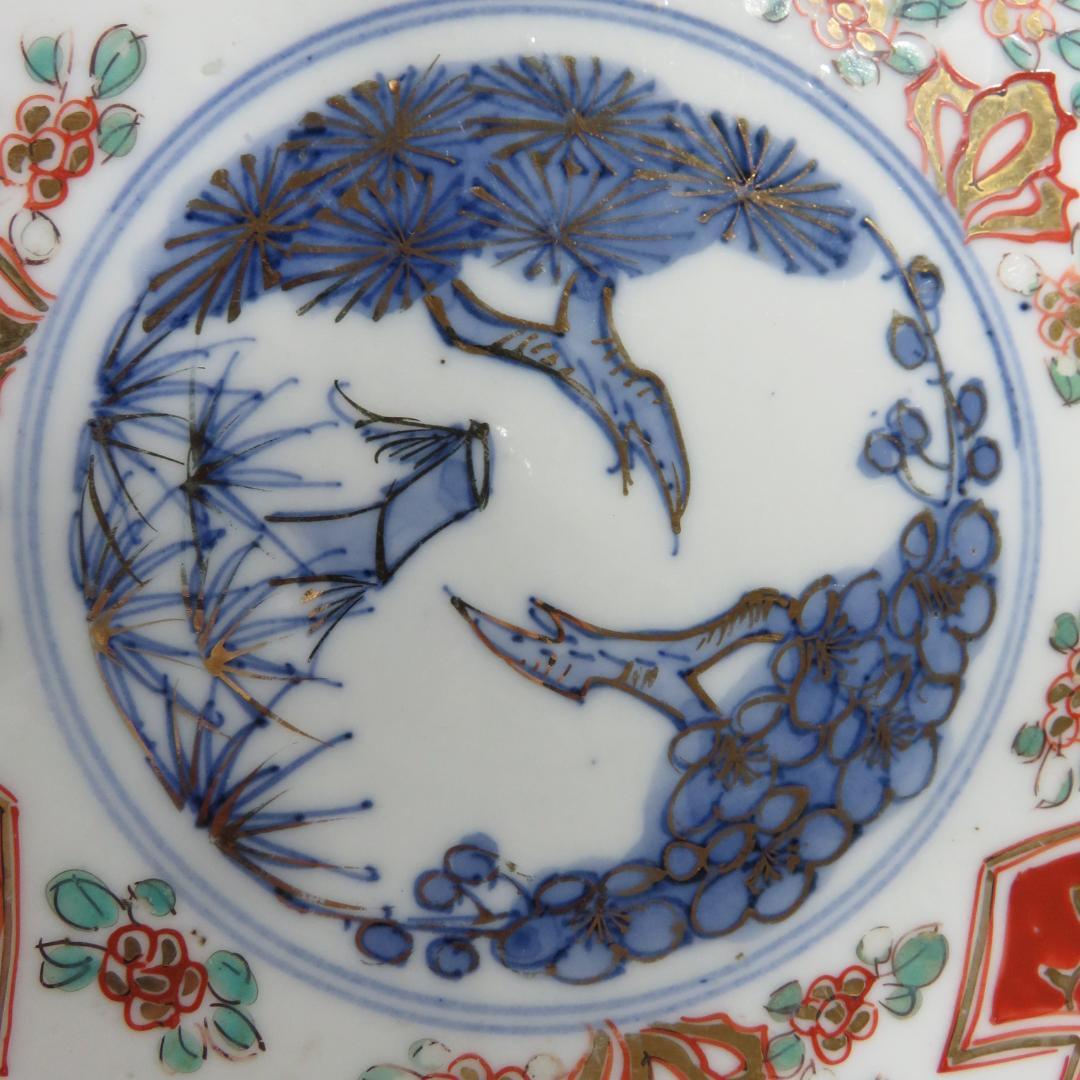 中皿 5枚 金彩 色絵付 歪み 窯傷 松竹梅 花文様 唐草 江戸 明治