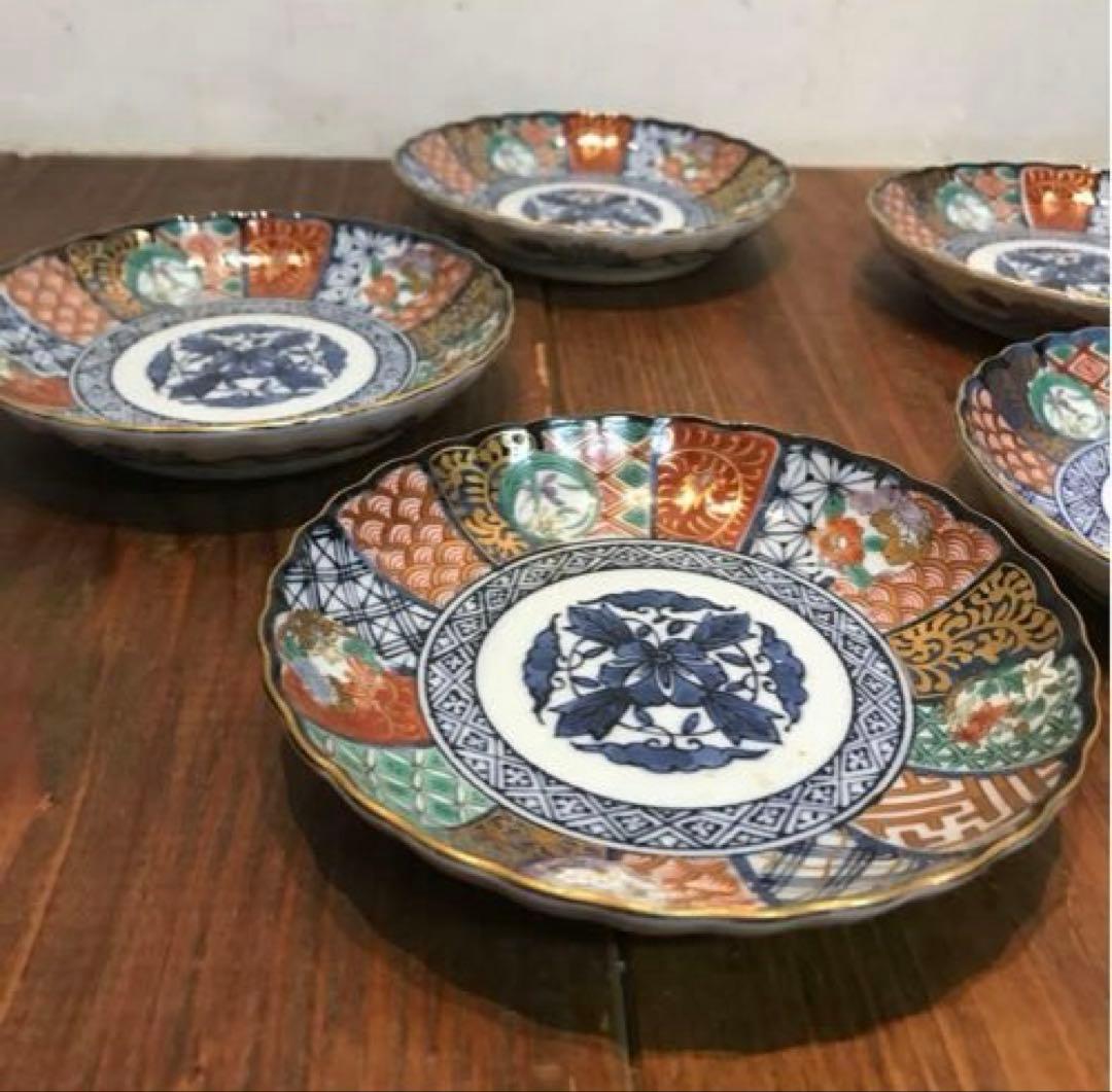 美品　龍峰窯　祥瑞花丸紋　金彩　銘々皿　色とりどりな絵柄が華やかな　取り皿　5枚